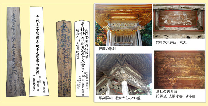 写真:棟札(建物の建築年や関係者の記載されたもの)、彫刻と絵画の詳細