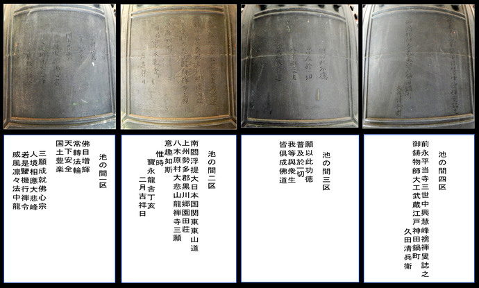 写真:喚鐘の周囲四か所刻まれた文字。目的や製作者や・年代などが刻まれている。