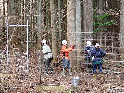 写真:身長より高い金属製の柵を立てていく参加者たち